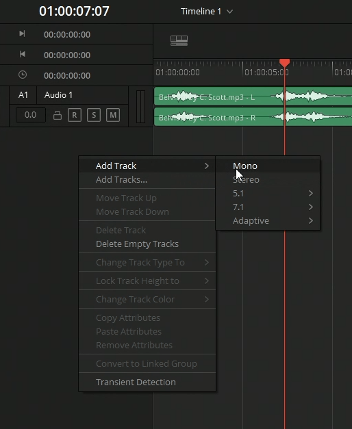 add audio track in fairlight