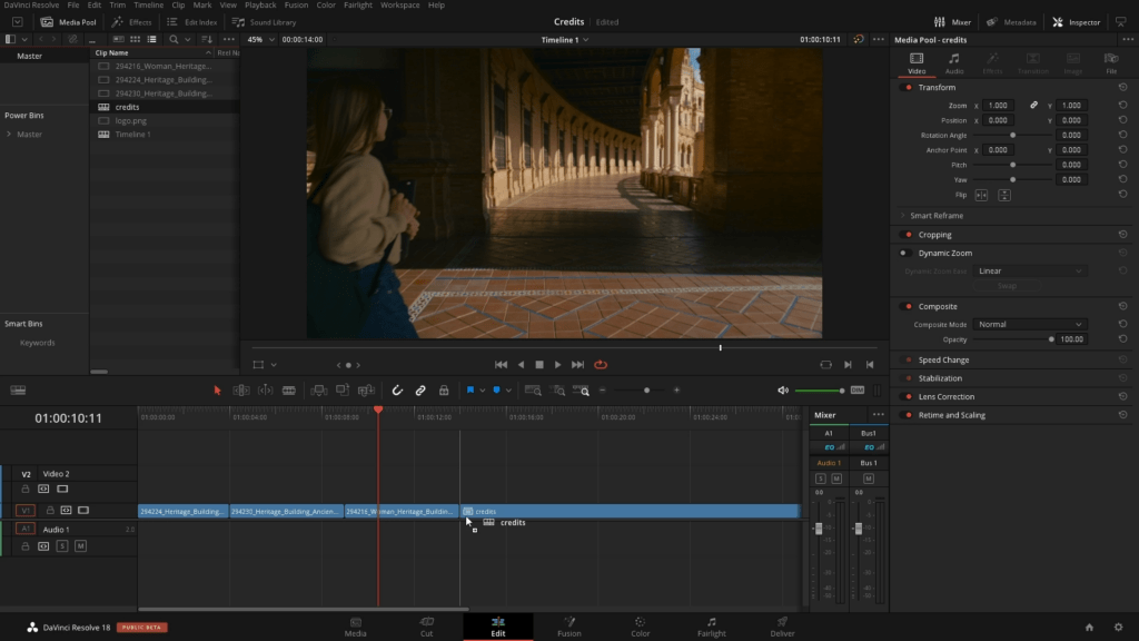 adding credits on end of video in davinci resolve