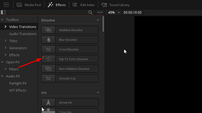 dip to color dissolve set as standard