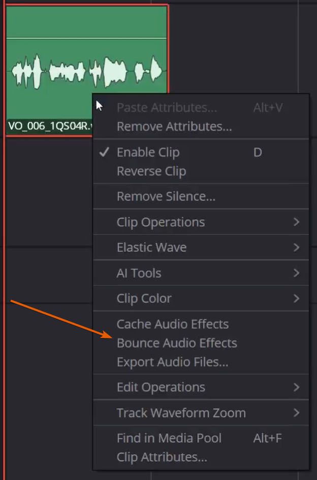 Bounce audio clip in davinci resolve fairlight