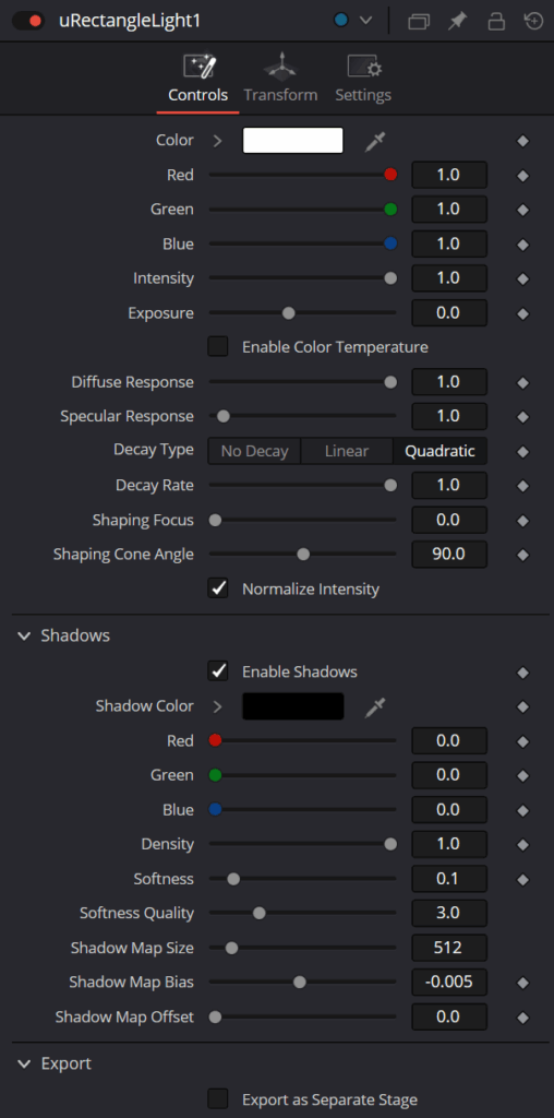 uRectangle Light Node Controls Tab