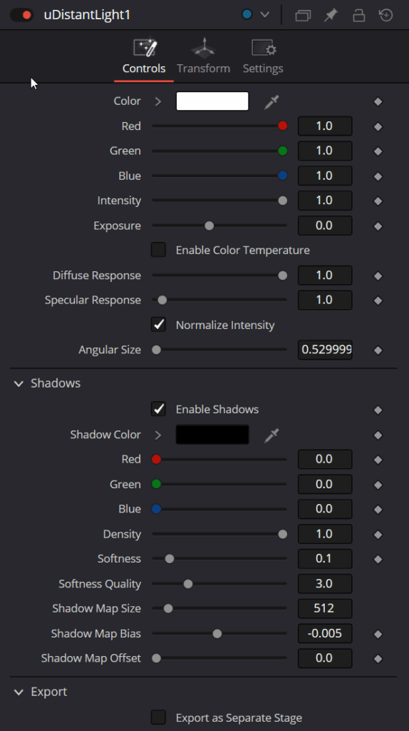 uDistant Light Node Controls Tab