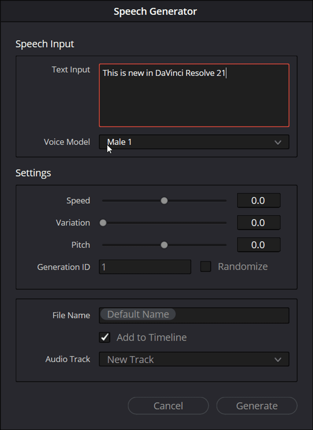AI Speech Generator in DaVinci Resolve 21